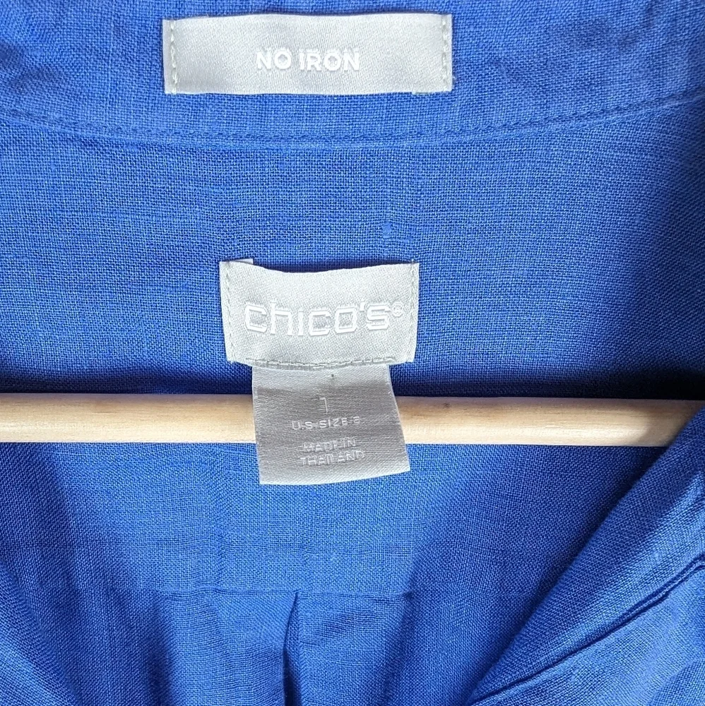 Chico's Linen Tunic Blouse‎ Top 1 8 Medium Blue 3/4 Length Sleeve Natural